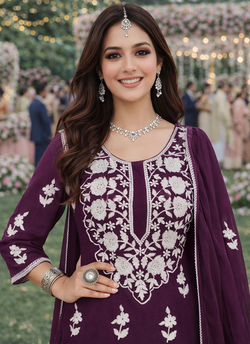 Wine Georgette Embroidery Work Occasional Wear Readymade Sharara Suit SW670026