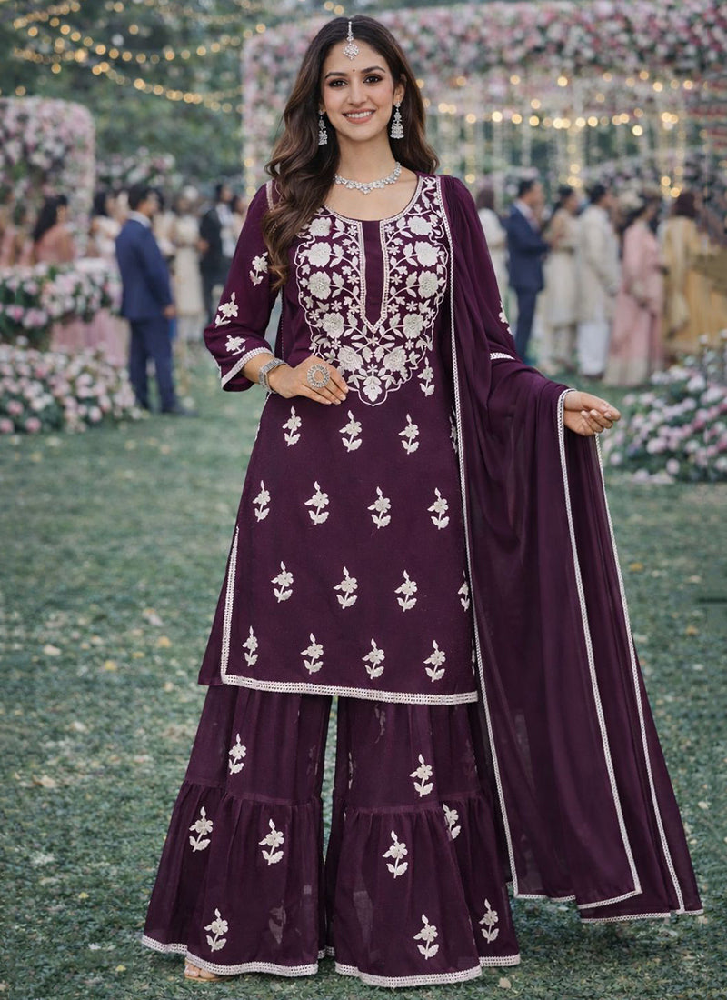 Wine Georgette Embroidery Work Occasional Wear Readymade Sharara Suit SW670026