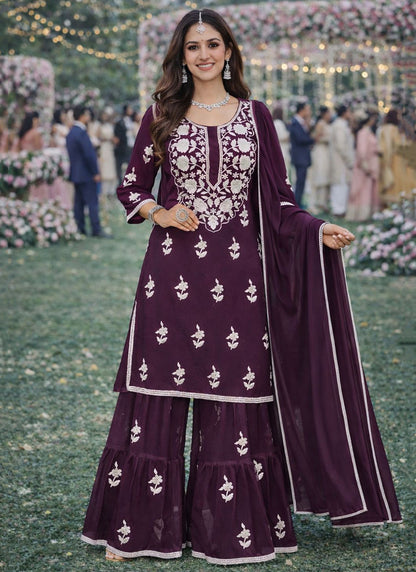 Wine Georgette Embroidery Work Occasional Wear Readymade Sharara Suit SW670026