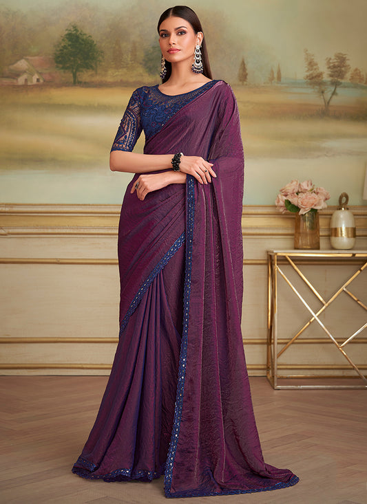 Georgette Wine Party Wear Embroidery Work Saree 386396