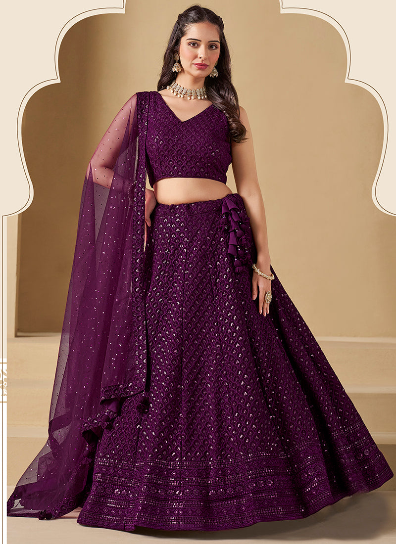 Georgette Wine Wedding Wear Thread Embroidery Work Lehenga Choli 385594