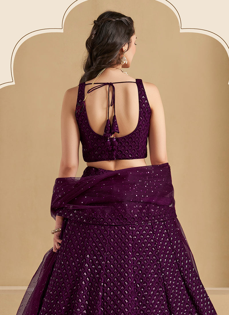 Georgette Wine Wedding Wear Thread Embroidery Work Lehenga Choli 385594