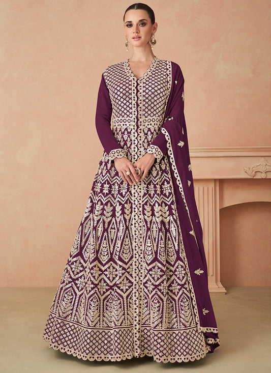Georgette Wine Wedding Wear Zari Work Readymade Anarkali Gown 386090