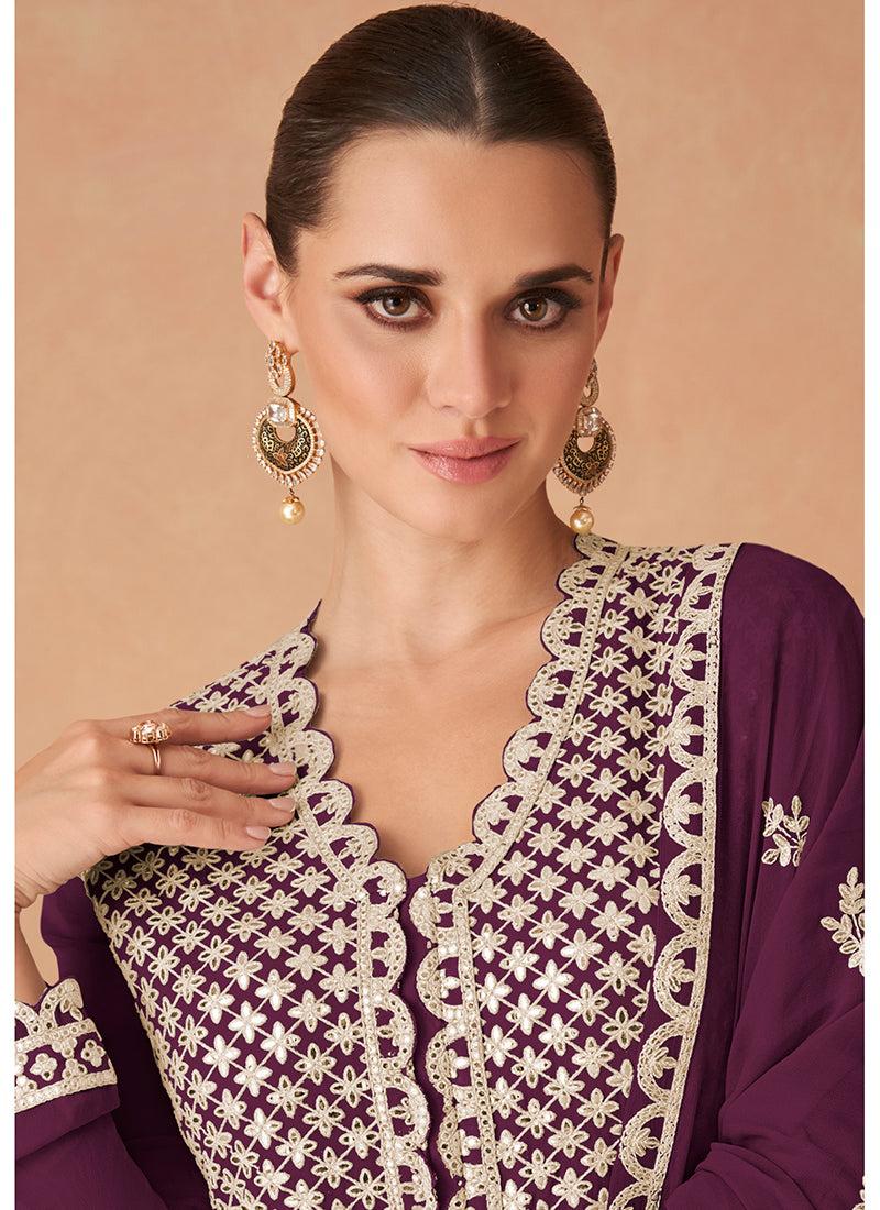 Georgette Wine Wedding Wear Zari Work Readymade Anarkali Gown 386090