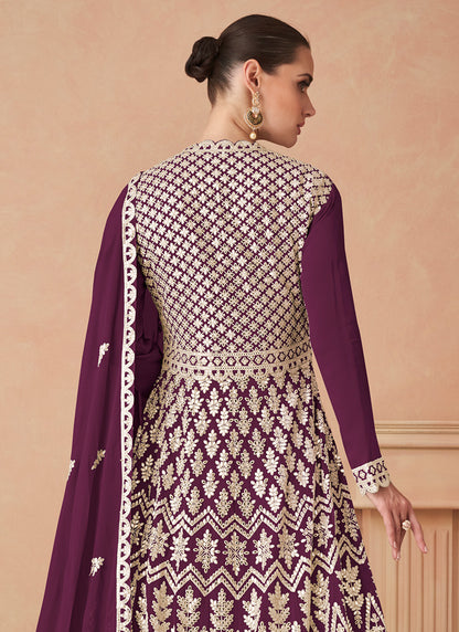 Georgette Wine Wedding Wear Zari Work Readymade Anarkali Gown 386090