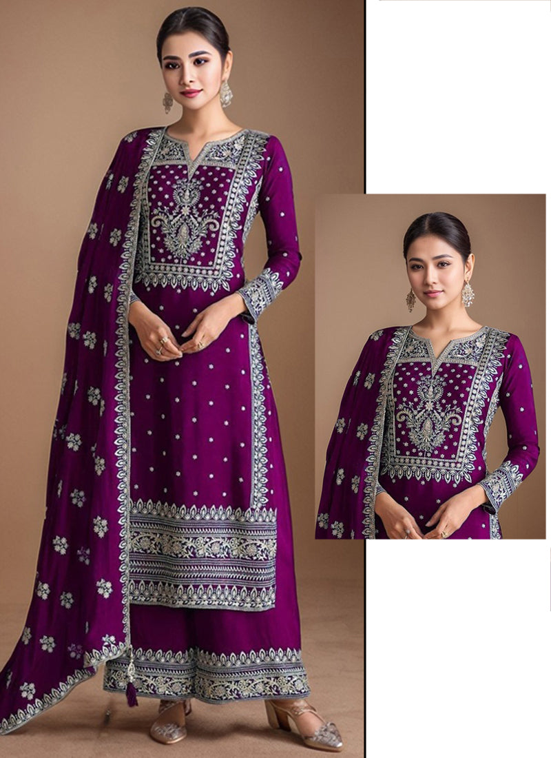 Heavy Chinon Wine Eid Wear Sequins Embroidery Work Readymade Pakistani Suit 388179