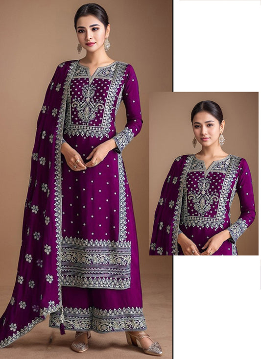 Heavy Chinon Wine Eid Wear Sequins Embroidery Work Readymade Pakistani Suit 388179