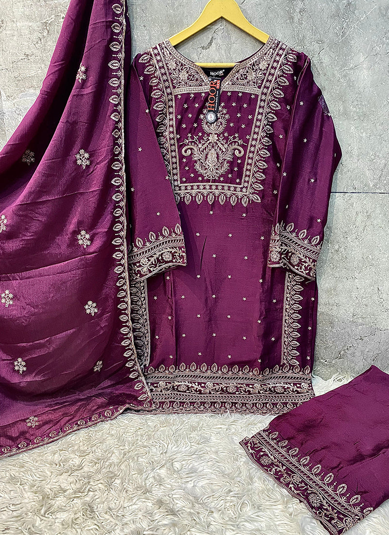 Heavy Chinon Wine Eid Wear Sequins Embroidery Work Readymade Pakistani Suit 388179