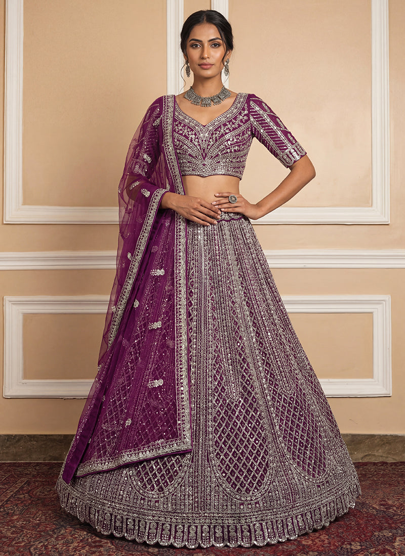 Wine Heavy Net Zari & Sequins Embroidery Work Wedding Wear Wedding Lehenga Choli SW969675