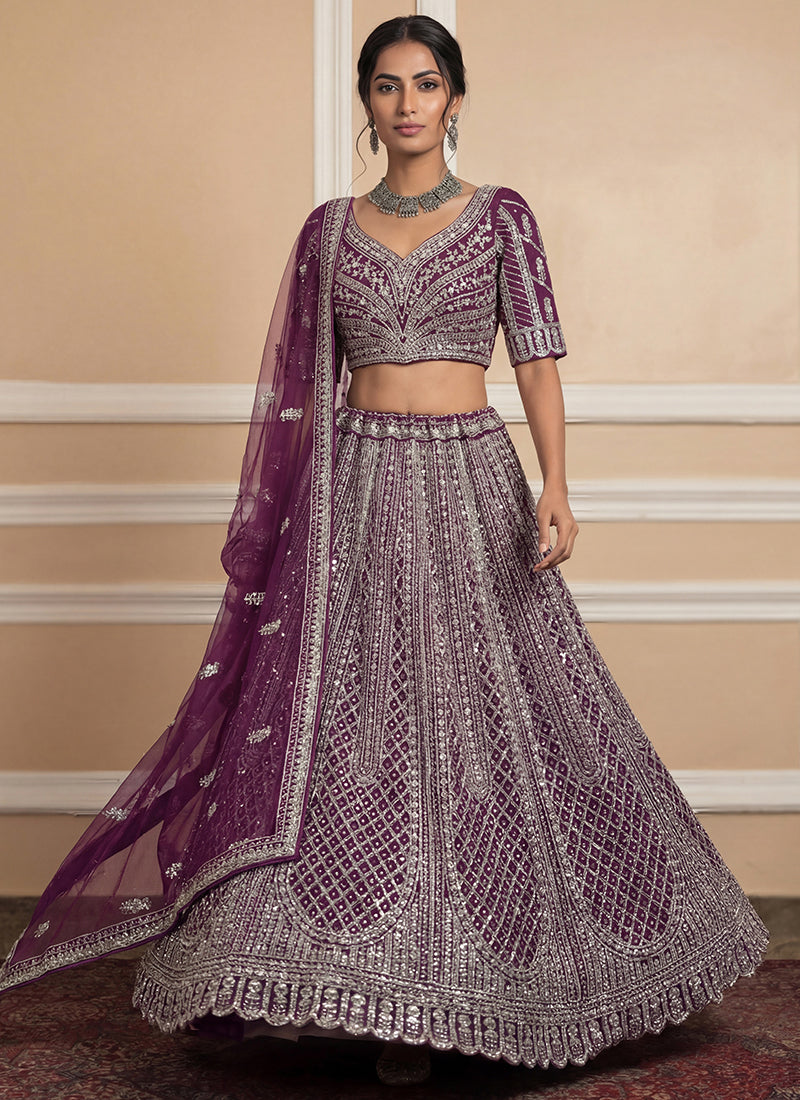 Wine Heavy Net Zari & Sequins Embroidery Work Wedding Wear Wedding Lehenga Choli SW969675
