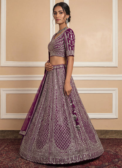 Wine Heavy Net Zari & Sequins Embroidery Work Wedding Wear Wedding Lehenga Choli SW969675