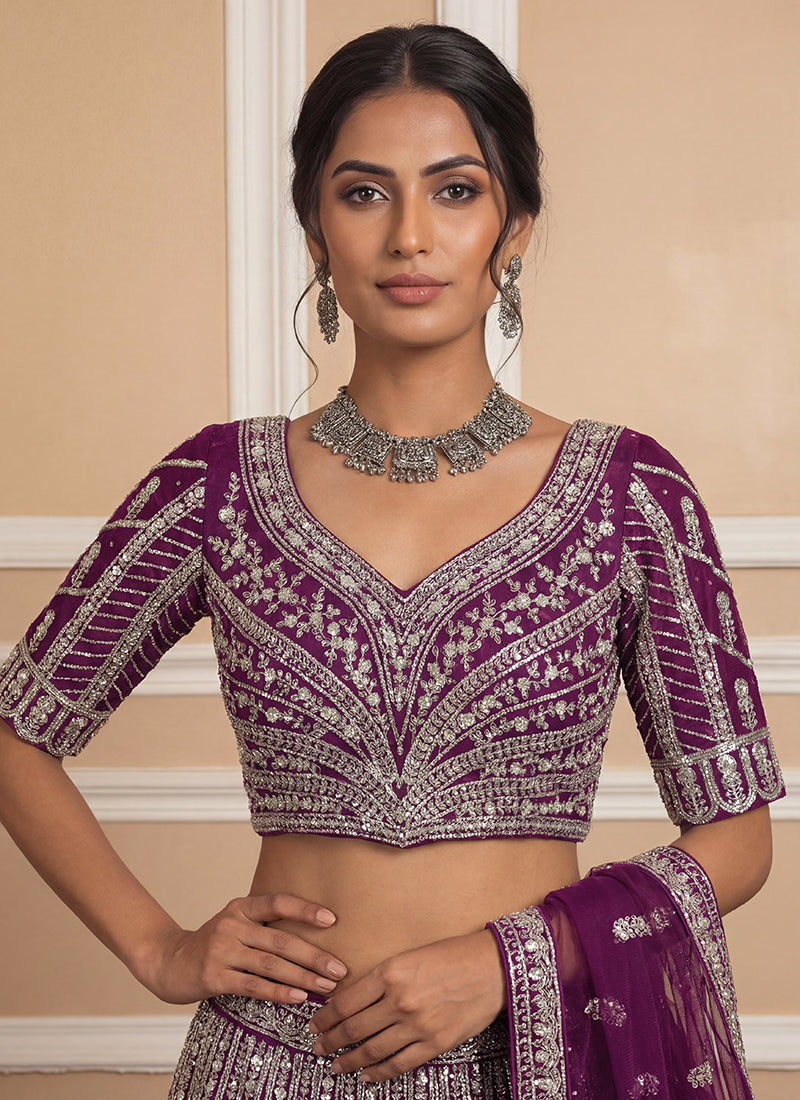 Wine Heavy Net Zari & Sequins Embroidery Work Wedding Wear Wedding Lehenga Choli SW969675