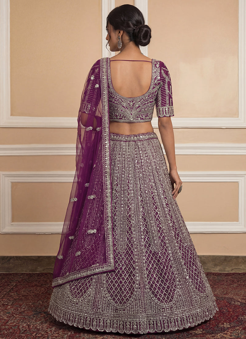 Wine Heavy Net Zari & Sequins Embroidery Work Wedding Wear Wedding Lehenga Choli SW969675