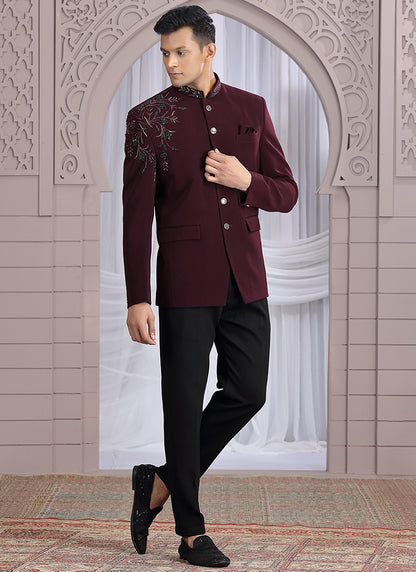 Imported Wine Wedding Wear Hand Work Readymade Jodhpuri Suit 385492