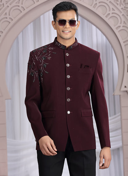 Imported Wine Wedding Wear Hand Work Readymade Jodhpuri Suit 385492