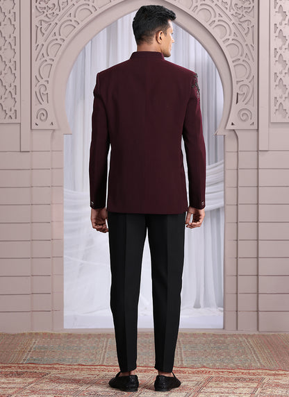 Imported Wine Wedding Wear Hand Work Readymade Jodhpuri Suit 385492