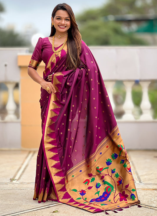Paithni Silk Wine Saree with Weaving Work for Wedding Wear 382539