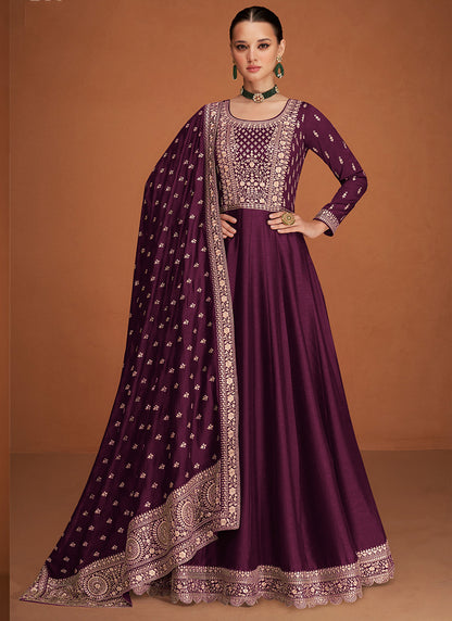 Premium Silk Wine Party Wear Sequin Embroidery Work Anarkali Gown 386166