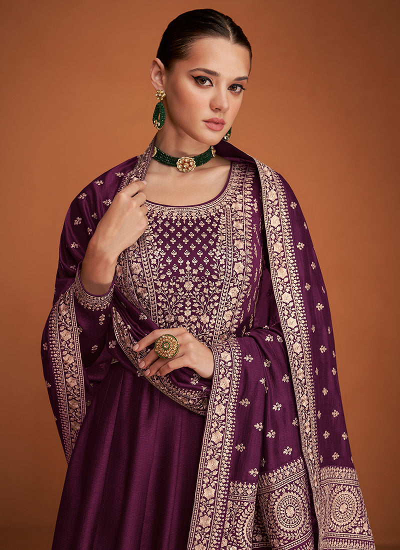 Premium Silk Wine Party Wear Sequin Embroidery Work Anarkali Gown 386166