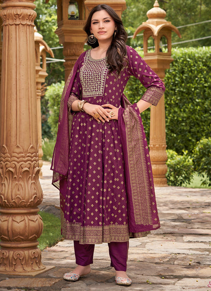Rayon Wine Casual Wear Sequin Work Readymade Anarkali Suit 380558