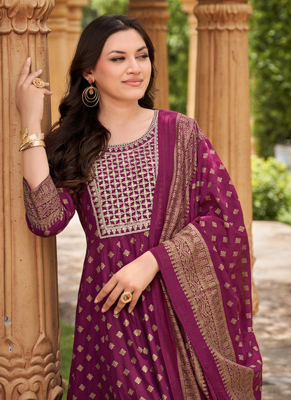 Rayon Wine Casual Wear Sequin Work Readymade Anarkali Suit 380558