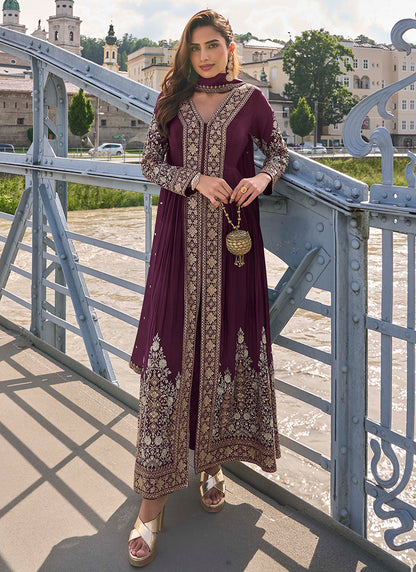 Real Chinon Wine Party Wear Embroidery Work Readymade Indowestern Suit 388486