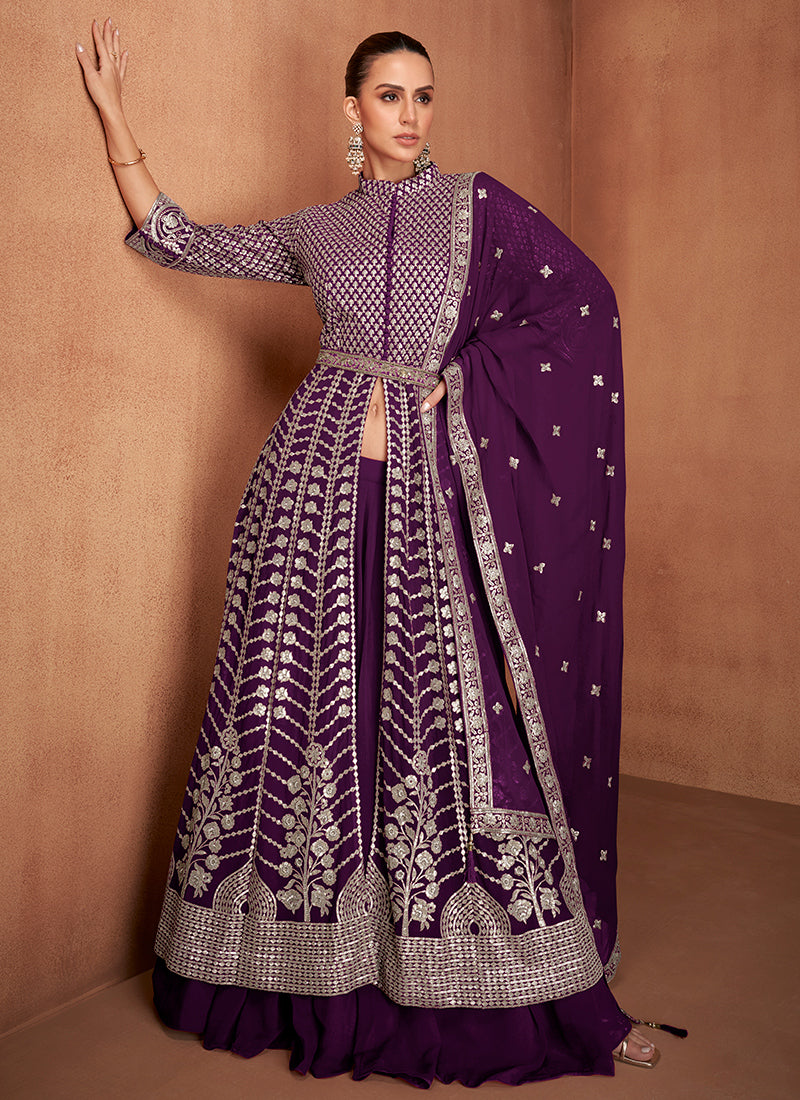 Real Georgette Wine Wedding Wear Embroidery Work Readymade Indowestern Suit 388070