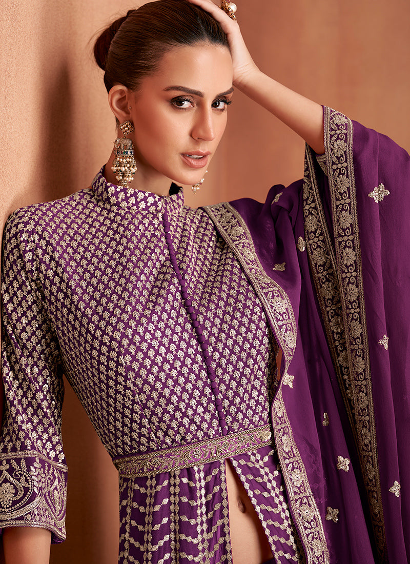 Real Georgette Wine Wedding Wear Embroidery Work Readymade Indowestern Suit 388070