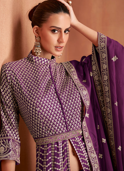 Real Georgette Wine Wedding Wear Embroidery Work Readymade Indowestern Suit 388070