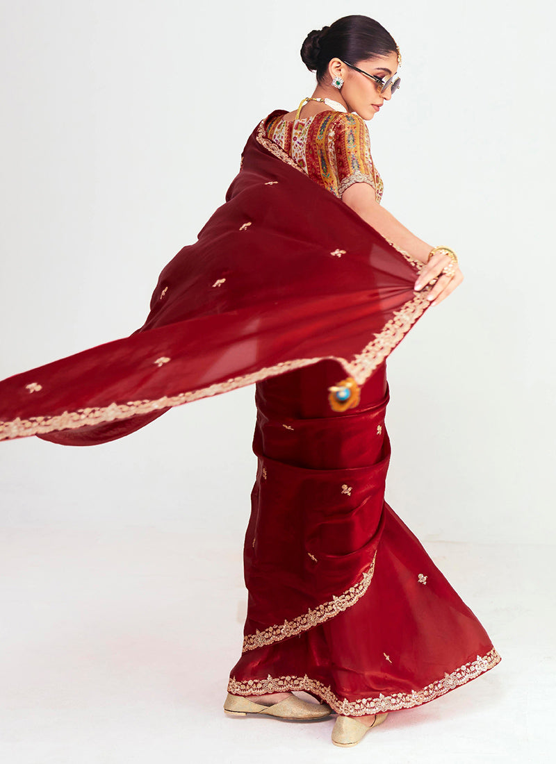 Wine Red Fancy Silk Border Work Wedding Wear Wedding Saree SW902149