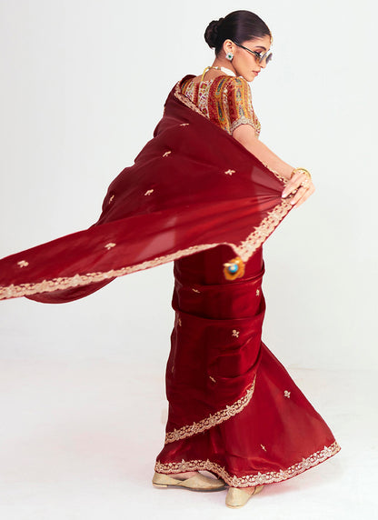 Wine Red Fancy Silk Border Work Wedding Wear Wedding Saree SW902149