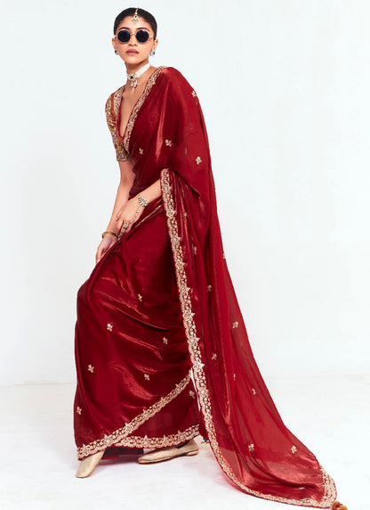 Wine Red Fancy Silk Border Work Wedding Wear Wedding Saree SW902149