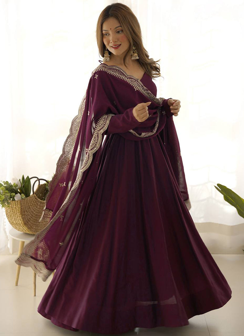 Wine Roman Silk Plain Work Party Wear Readymade Gown SW502057