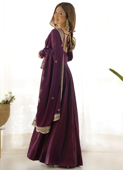 Wine Roman Silk Plain Work Party Wear Readymade Gown SW502057