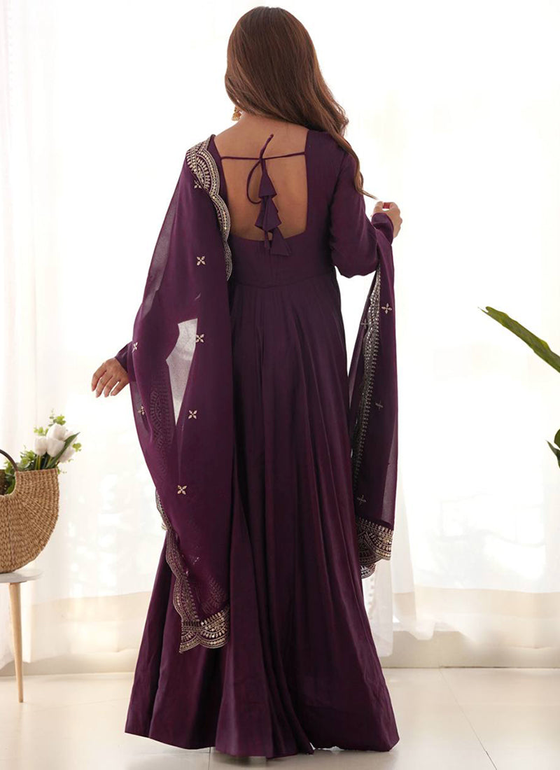 Wine Roman Silk Plain Work Party Wear Readymade Gown SW502057