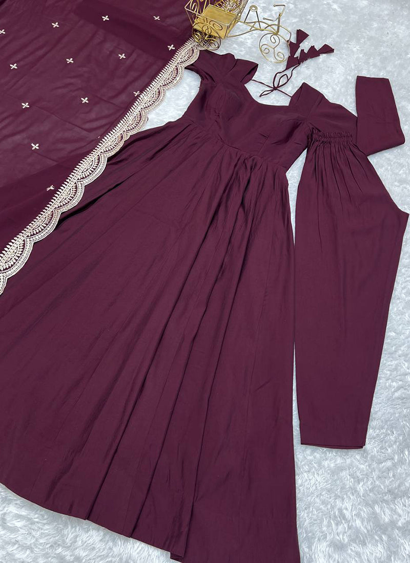 Wine Roman Silk Plain Work Party Wear Readymade Gown SW502057