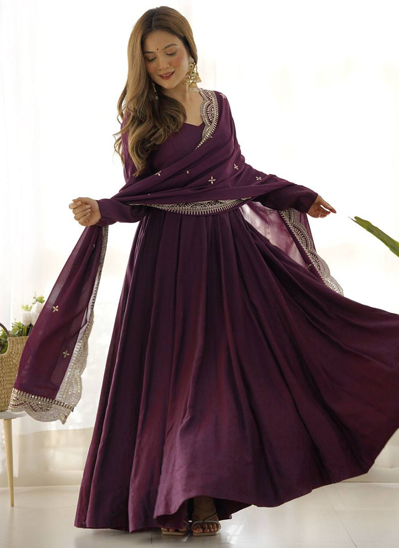 Wine Roman Silk Plain Work Party Wear Readymade Gown SW502057