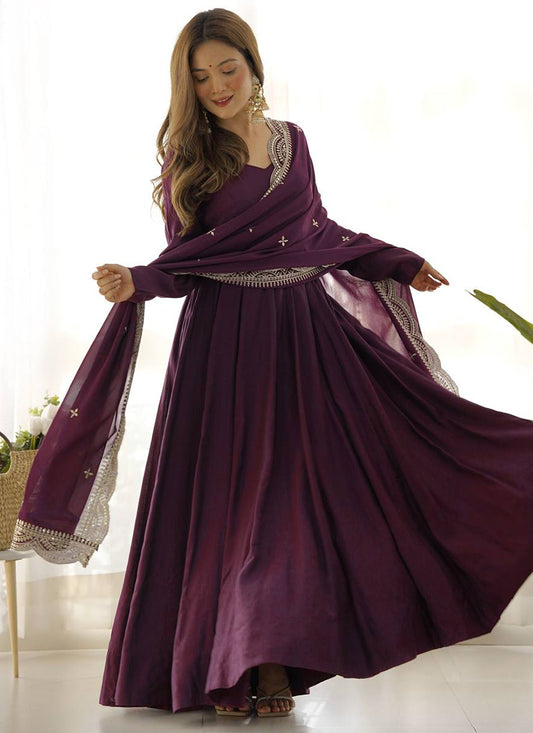 Wine Roman Silk Plain Work Party Wear Readymade Gown SW502057