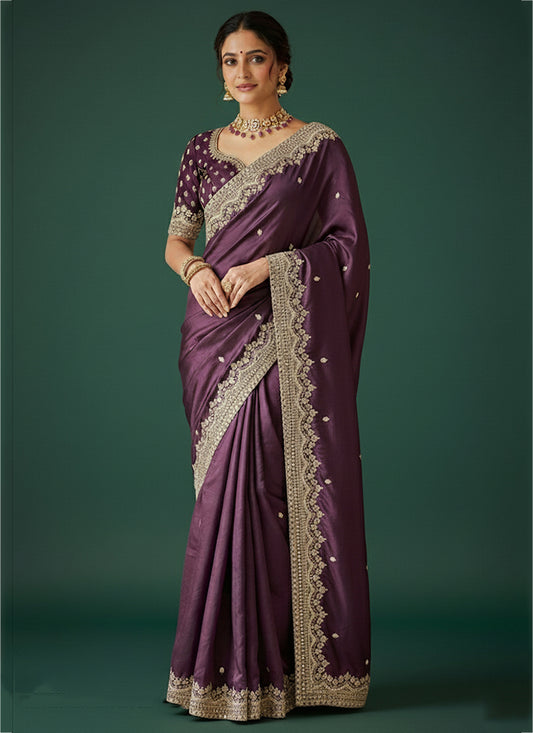 Satin Wine Saree with Zari Work for Wedding Wear 384481