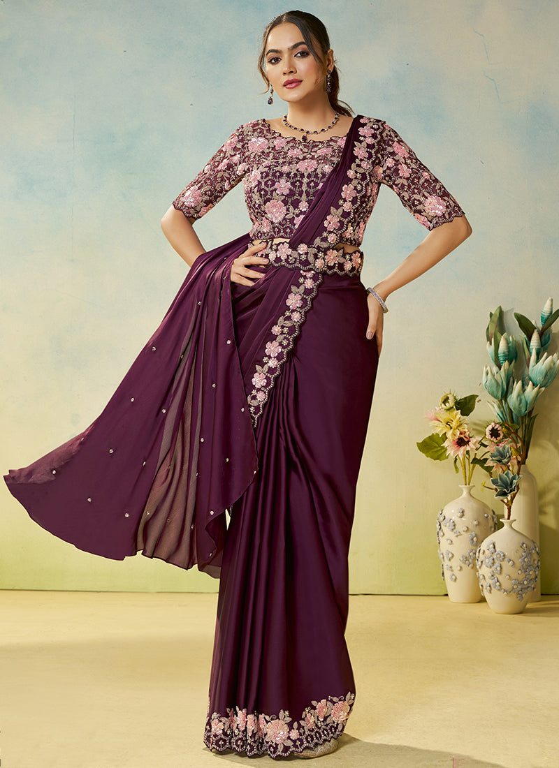 Wine Satin Silk Sequin Work Party Wear Ready To Wear Saree SW670474