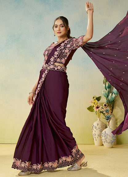 Wine Satin Silk Sequin Work Party Wear Ready To Wear Saree SW670474