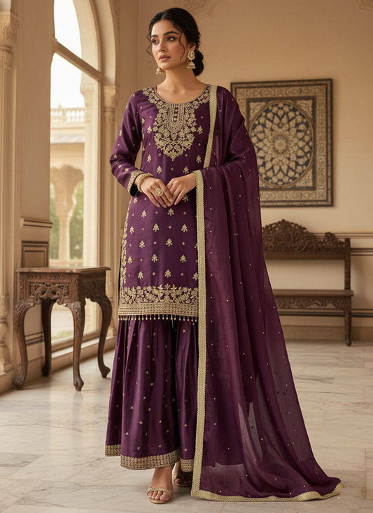 Wine Silk Embroidery Work Eid Wear Readymade Sharara Suit SW456908