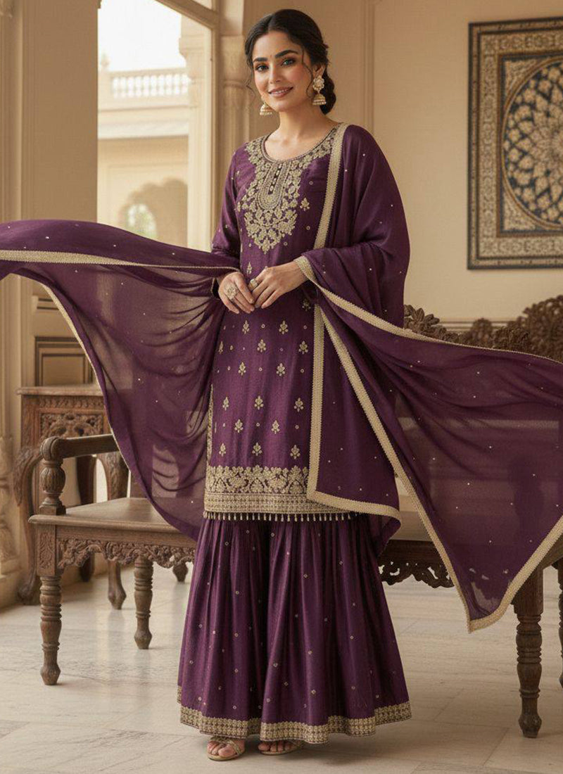 Wine Silk Embroidery Work Eid Wear Readymade Sharara Suit SW456908