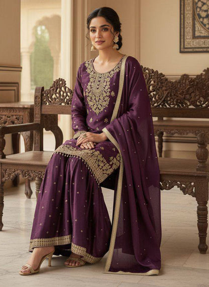 Wine Silk Embroidery Work Eid Wear Readymade Sharara Suit SW456908
