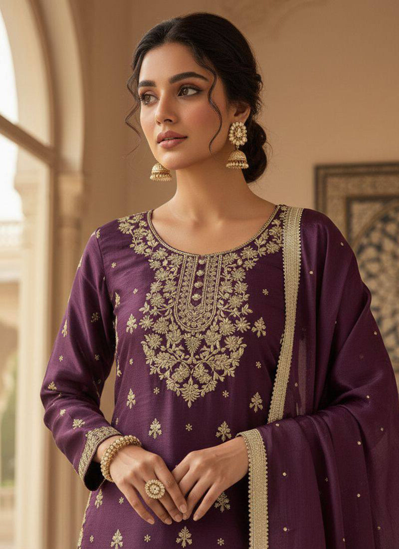Wine Silk Embroidery Work Eid Wear Readymade Sharara Suit SW456908