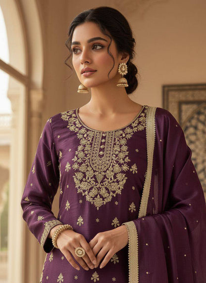 Wine Silk Embroidery Work Eid Wear Readymade Sharara Suit SW456908