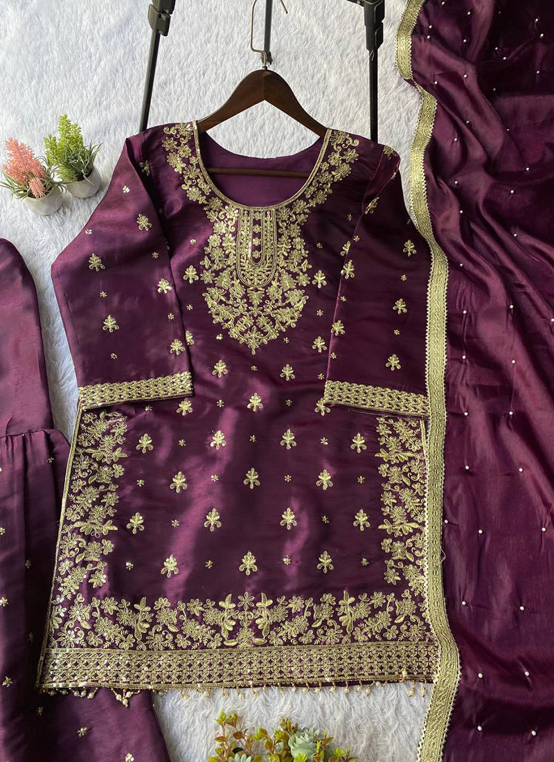 Wine Silk Embroidery Work Eid Wear Readymade Sharara Suit SW456908