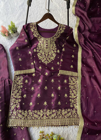 Wine Silk Embroidery Work Eid Wear Readymade Sharara Suit SW456908