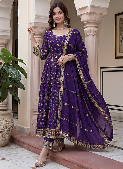 Wine Silk Embroidery Work Occasional Wear Readymade Anarkali Suit SW899276