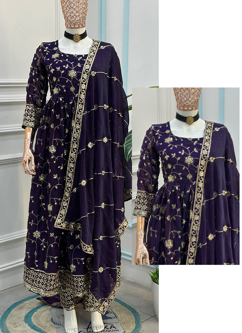 Wine Silk Embroidery Work Occasional Wear Readymade Anarkali Suit SW899276